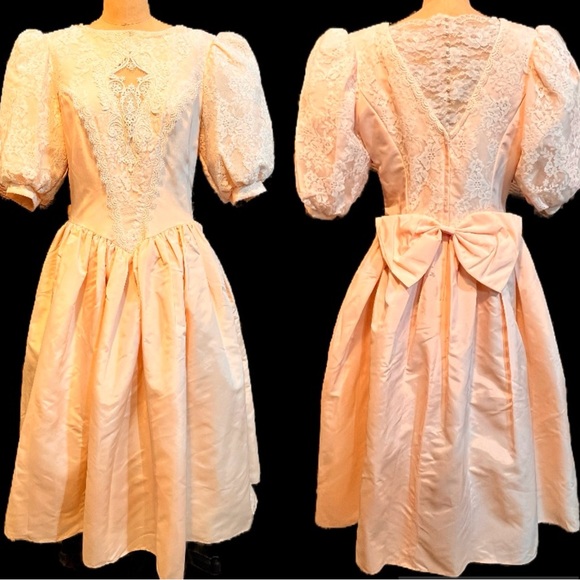 VINTAGE Gunne Sax Jessica McClintock 80s puff sleeve lace midi formal prom dress - Picture 1 of 17